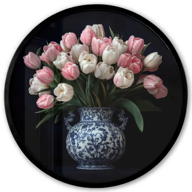 FrameYourWall Poster in lijst Rond - Fotolijst 40x40 cm - Posters - Bloemen - Roze - Tulpen - Vaas - Ronde posterlijst zwart - Decoratie - Wanddecoratie woonkamer - Muurdecoratie slaapkamer Tulpen - Roze