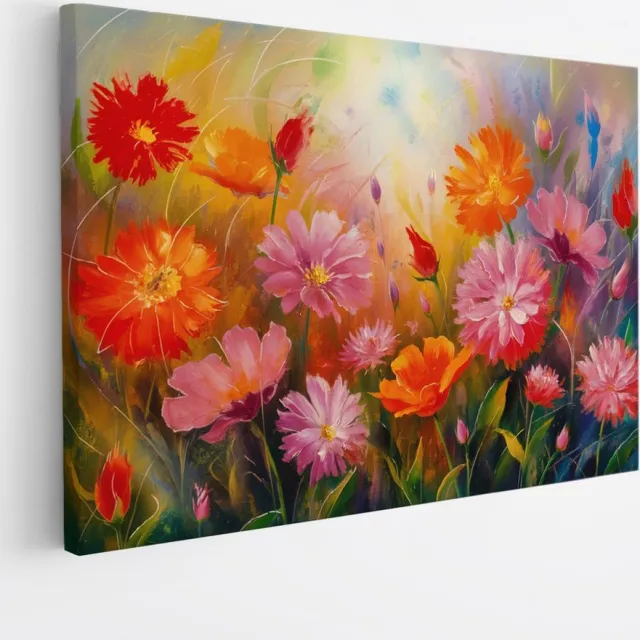 Saammp Canvas Schilderij - Bloemen - Vrolijke Kleuren - Natuur - Abstract - 70x50 - Foto op canvas - Wanddecoratie - Muurdecoratie Woonkamer - Kantoor Decoratie Multicolor