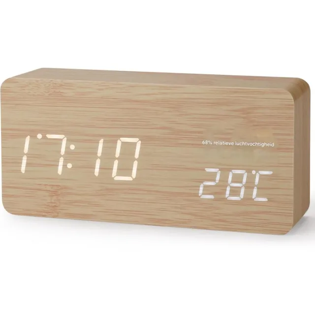 GelldG Digitale wekker - met LED-temperatuurweergave - 12/24-uurs tijdweergave - 3 instelbare helderheidsniveaus - USB-interface - Houten wekker - geschikt voor slaapkamers, kantoren en woonkamers - houtkleur Natuurlijke houtkleur