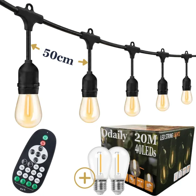 Odaily Lichtsnoer Buiten - 20 Meter - 40 LED Lampen - Warm Wit Licht - Dimbaar - Horecakwaliteit
