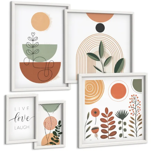 TULUP 4-Delige Schilderij Set - Stijlvolle afbeeldingen met plantmotieven en geometrische vormen. - 50 x 50 cm, 20 x 30 cm en 40 x 60 cm - Decoratieve Schilderijen - Woonkamer - Interieur - Stijlvolle Muurdecoratie Witte lijst