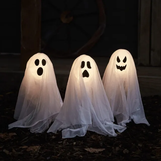 Jacer Set Van 3 LED Paallampjes Met Spoken - Halloween Tuindecoratie van 40 cm Voor Een Spookachtige Sfeer WIT