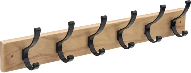 5Five® 5Five Kapstok rek voor wand/muur - lichtbruin/zwart - 6x ophanghaken - MDF/metaal - 58 x 8 cm