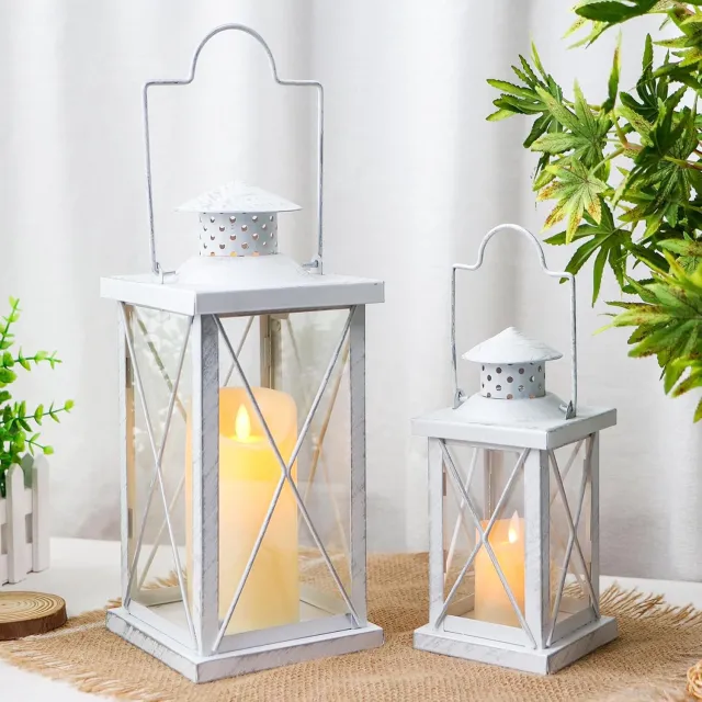 TRIROCKS Set van 2 Rustieke Metalen Kaarslantaarns Decoratief Wit met geborsteld metaal