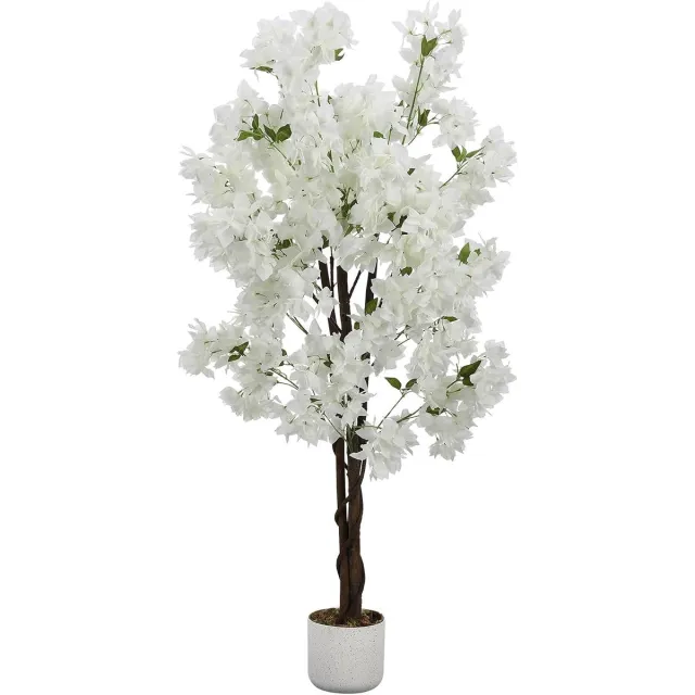 HOERFURIY Kunst kersenbloesemboom - 150 cm - vlindervormige witte polyester bloemen - natuurlijke stam - zwarte pot - decoratie woning kantoor bruiloft