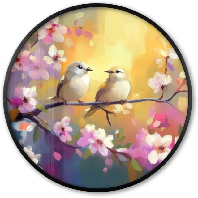 FrameYourWall Poster in lijst Rond - Fotolijst 80x80 cm - Posters - Vogels - Bloemen - Roze - Ronde posterlijst zwart - Decoratie - Wanddecoratie woonkamer - Muurdecoratie slaapkamer