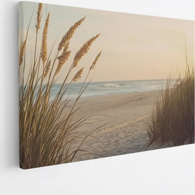 Saammp Canvas Schilderij - Strand met planten - Zee - Duinen - 30x20 - Foto op canvas - Wanddecoratie - muurdecoratie Woonkamer - Slaapkamer decoratie - Canvas Print Multicolor