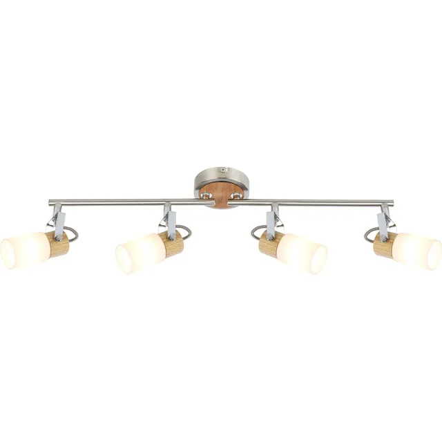 Globo Lighting Spot strip plafondlamp hout licht spot spot woonkamer, 4 vlammen spots beweegbaar metaal hout zilver bruin opaal, 4x LED 4 Watt 400 Lumen warm wit, DxHxL 10x14,5x60