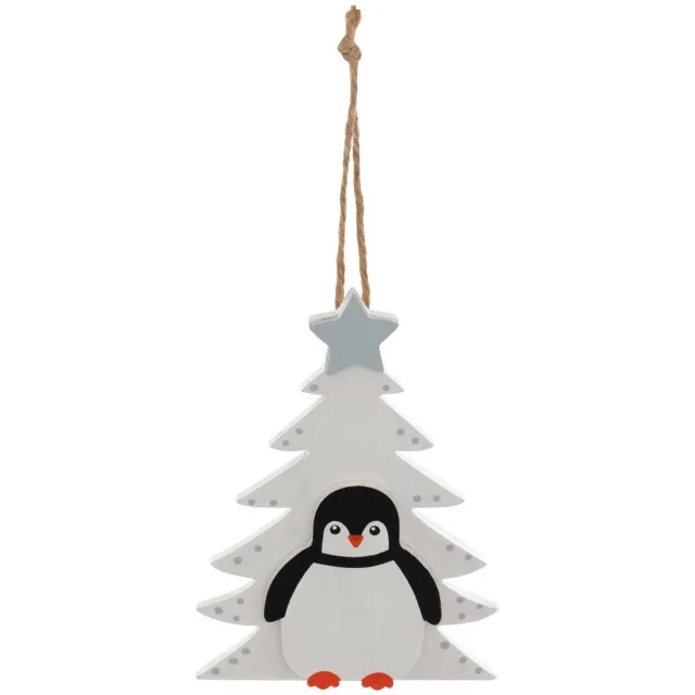 Feeric lights & Christmas Hangende pinguïn aan een witte houten kerstboom, 13 cm Blanc