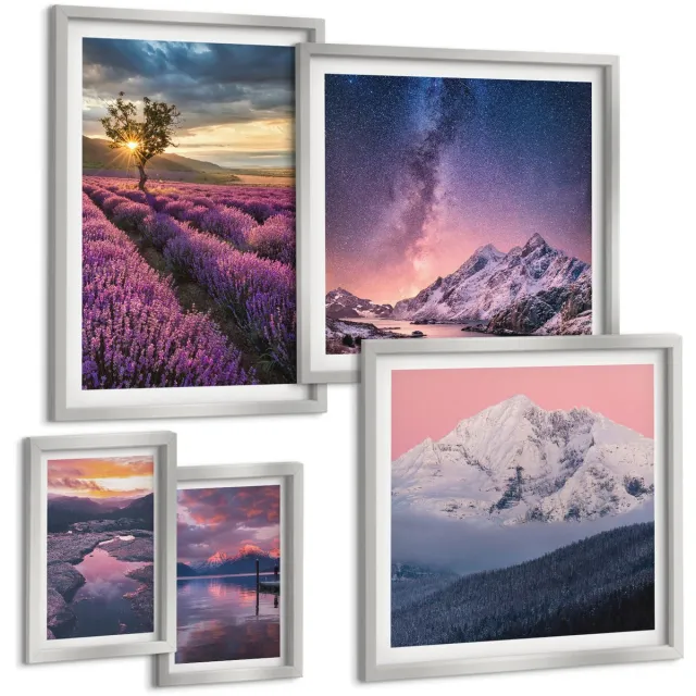 TULUP 4-Delige Schilderij Set - Natuurlandschappen met lavendelvelden en bergen - 50 x 50 cm, 20 x 30 cm en 40 x 60 cm - Wanddecoratie - Muurdecoratie - Woonkamer Zilveren lijst
