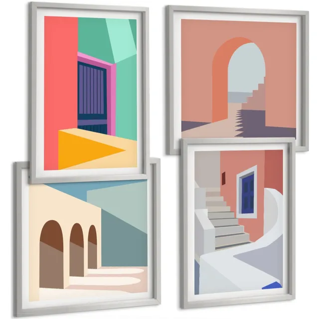 TULUP 4-Delige Schilderij Set - Kleurrijke illustraties van gebouwen in een moderne stijl. - 40 x 40 cm en 40 x 60 cm - Stijlvolle Wanddecoratie - Interieur - Interieur Decoratie Zilveren lijst