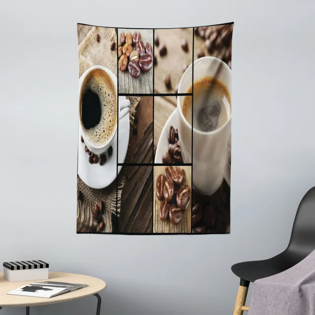 ABAKUHAUS Bruin wandtapijt met koffiekopje en houten tafelmotief, gemaakt van zachte microvezelstof, 110 x 150 cm, bruin