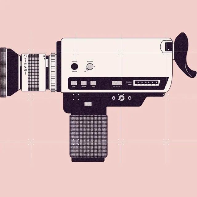 IXXI Super 8 Camera, Florent Bodart - 100 x 80 cm - Grote wanddecoratie en posters - Minimalisme, Vintage, Illustraties, Grafisch Ontwerp, Retro Roze / Warme kleuren / Pastel kleuren