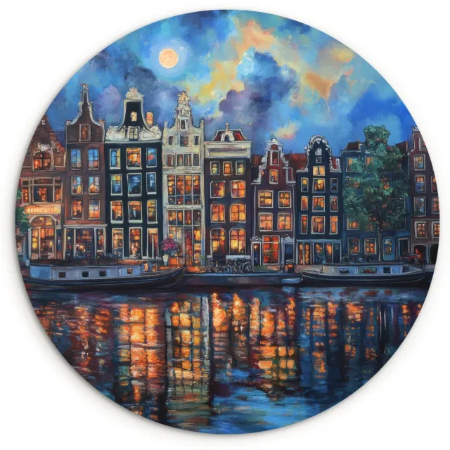 WallCircle Wandcirkel 150x150 cm - Muurcirkel Grachten Amsterdam - Huizen - Stad - Kleurrijk - Muurdecoratie woonkamer - Wanddecoratie slaapkamer - Kamer decoratie accessoires - Ronde schilderijen Grachten - Huizen