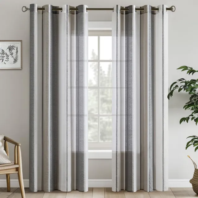 Unyqoos Transparante Gestreepte Gordijnen voor Woonkamer en Slaapkamer - Modern en Elegant, Set van 2, Donkergrijs en Wit, 140 x 225 cm