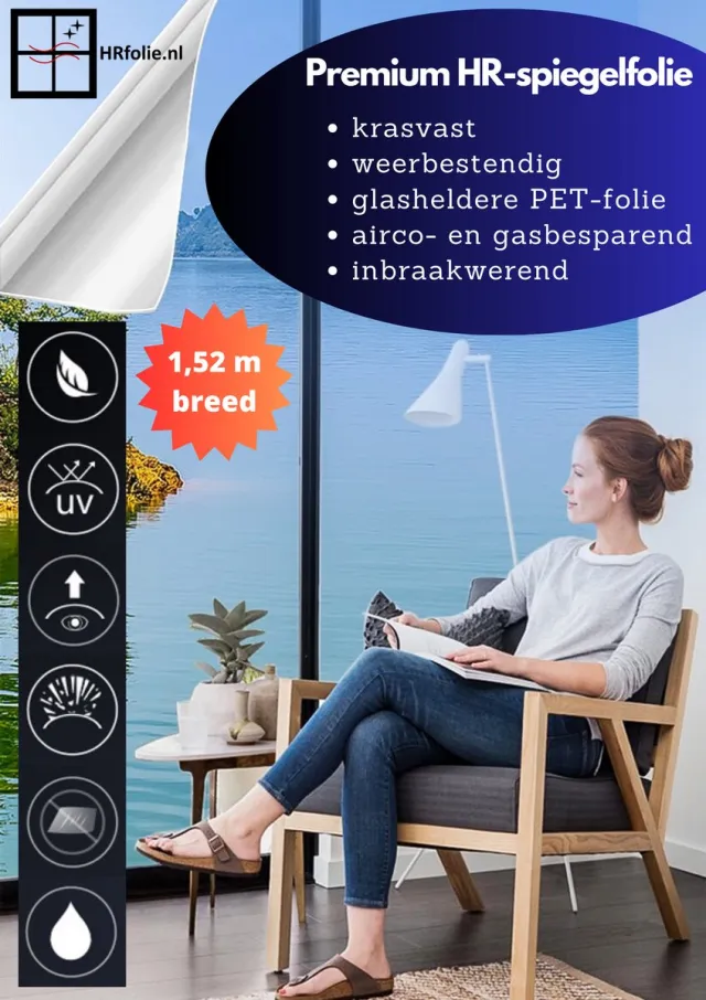 Hr-folie Zonwerende Zelfklevende reflecterende Premium HR-spiegelfolie - Extra brede raamfolie 152 x 800 cm - Zilver - Voor binnen en buiten - UV straling en inkijk werend - Geschikt voor HR++ dubbelglas! - Beschermd tegen hitte