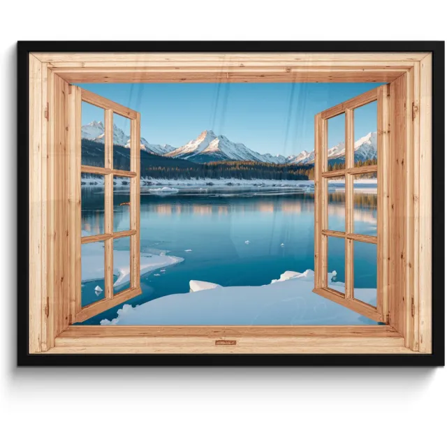 FrameYourWall Poster in lijst - Fotolijst 70x50 cm - Posters - Doorkijk - Landschap - Winter - Meer - Bergen - Uitzicht - Posterlijst zwart - Decoratie - Wanddecoratie woonkamer - Muurdecoratie slaapkamer