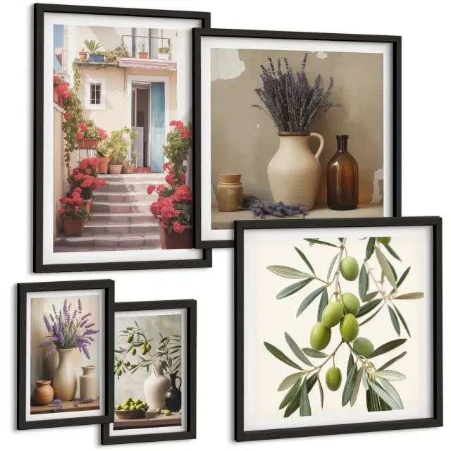 Coloray 5-Delige Schilderij Set - Stijlvol Interieur Met Bloemen En Fruit In Een Rustieke Sfeer. - 50 x 50 cm, 20 x 30 cm En 40 x 60 cm - Moderne Wanddecoratie - Woonkamer - Woonkamer Decoratie Zwarte lijst