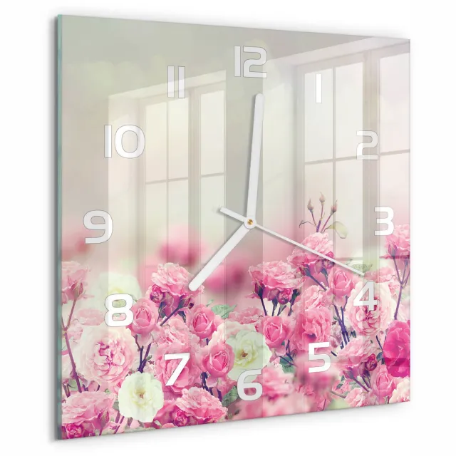 TULUP Wandklok - Wilde rozenbloemen Gekleurde Glazen Klok - 30x30 cm - Roze Glazen Klok Met Print - Witte handen - Vierkante Klok - Moderne Wandklok Glas - Wandklok Glas Decoratie