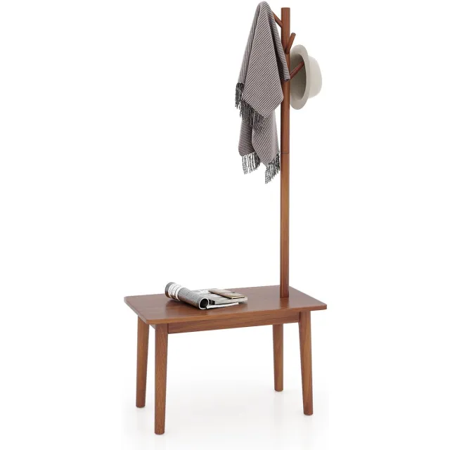 Costway 3-in-1 bijzettafel van massief hout, kapstok met schoenenbank en 3 haken, vrijstaande kledingstandaard, multifunctioneel voor slaapkamer, woonkamer, hal Bruin