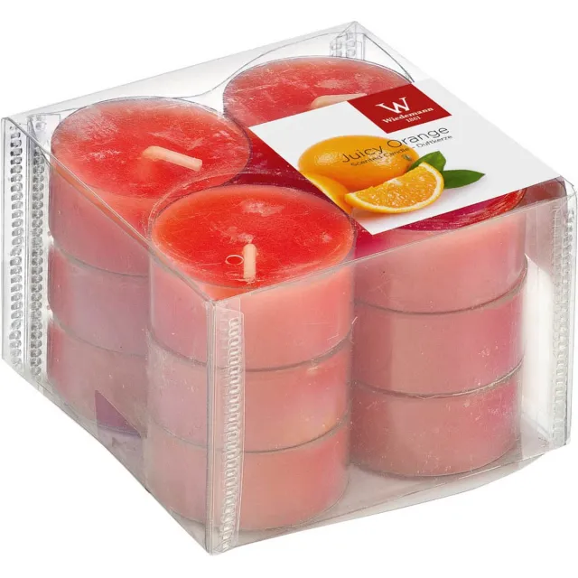 Trend Candles geurtheelichtjes/waxinelichtjes - 12x - sinaasappel geur - 4 branduren -transparante cup oranje