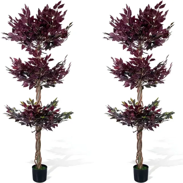 Happiq Kunst Ficus Boom Set - 5FT/6FT Set van 2 Paarse Kunstplanten met Pot - Wit