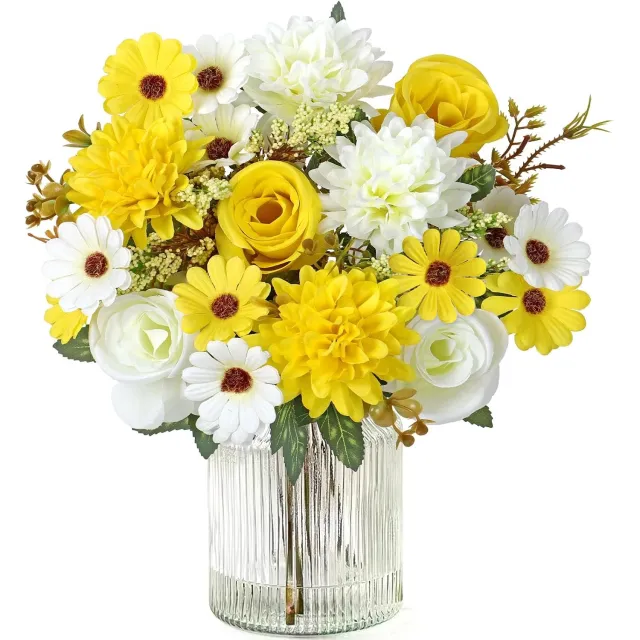 KCVV kunstbloemen herfst-kunstbloemen-kunstbloemen boeket-Een set van 3 kunstmatige herfstbloemen - vaas niet inbegrepen - boeket rozen met madeliefjes - perfect voor herfstdecoraties, bruiloften, Thanksgiving-decoraties -geel- 33 cm