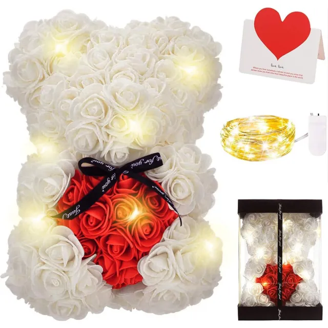 Ciskotu Roze beer, Rose Bear Teddy Flower met lampjes, het beste cadeau voor Valentijnsdag, verjaardagen, Moederdag, jubilea, inclusief transparante geschenkdoos en liefdeskaart Wit