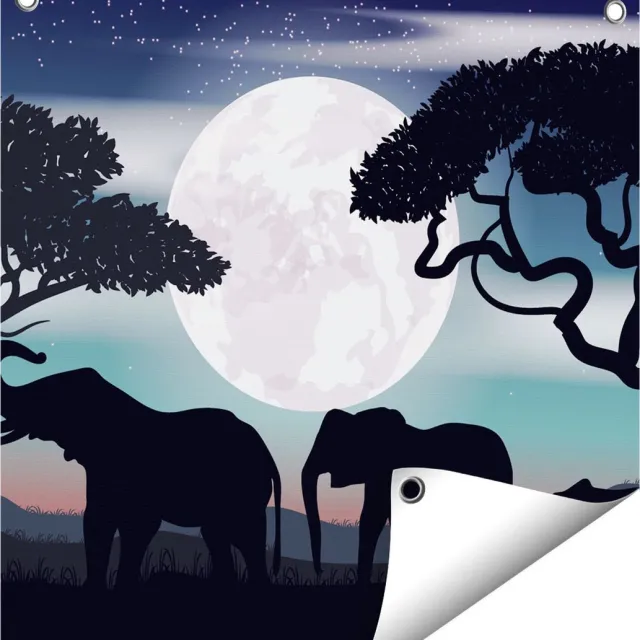 Gards Tuinposter Olifanten Silhouet tijdens Volle Maan - 50x50 cm - Tuindoek - Tuindecoratie - Wanddecoratie buiten - Tuinschilderij Multikleur