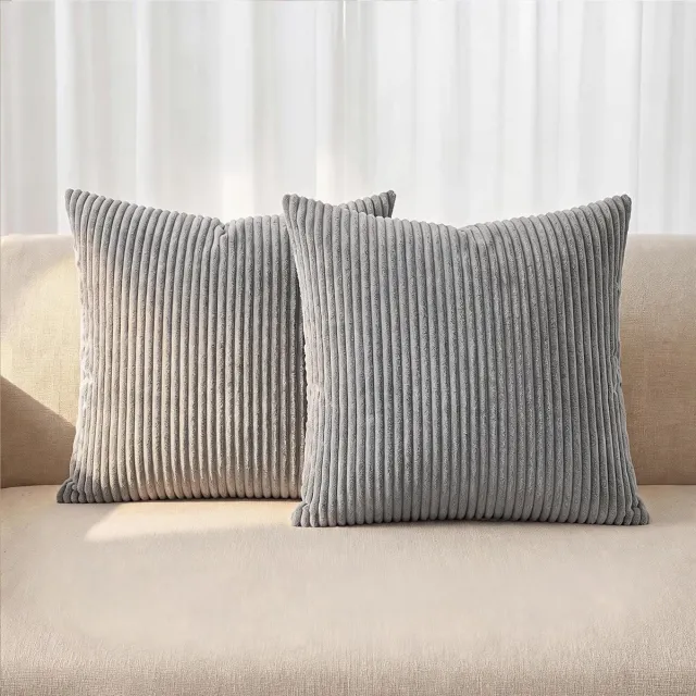 Famanu Kussensloop, 40 x 40 cm, crèmekleurig, corduroy, gestreept patroon, kussenhoes, sierkussen, bankkussen, sierkussen, sierkussensloop, woonkamer, 1 stuks (grijs)
