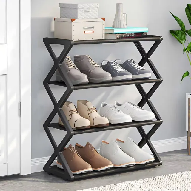 Flintry Vrijstaand schoenenrek met 4 lagen, schoenenopberger voor de hal, X-vormig schoenenrek met vast frame (zwart, 42*18,5*49,5 cm)