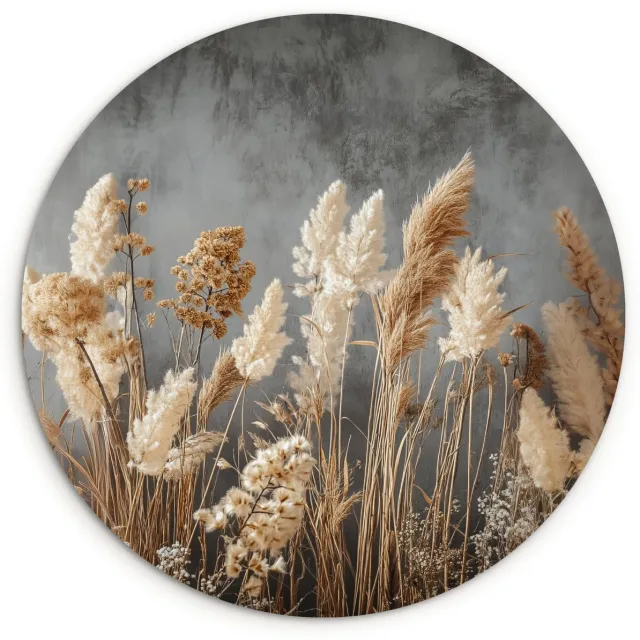 WallCircle Wandcirkel 90x90 cm - Muurcirkel Gedroogde Veldbloemen - Grijs - Beton - Muurdecoratie woonkamer - Wanddecoratie slaapkamer - Kamer decoratie accessoires - Ronde schilderijen Veldbloemen - Beton