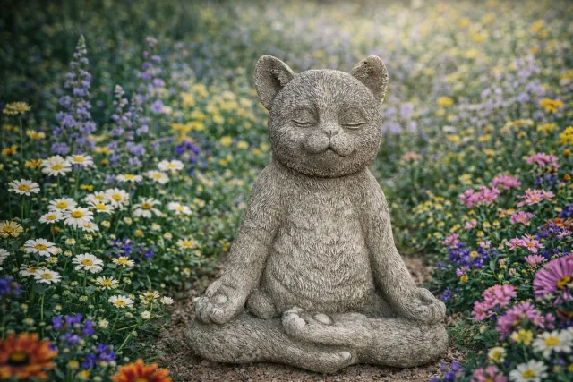 LO. Ornaments Betonnen tuinbeeld - Zen kat / kat in yoga