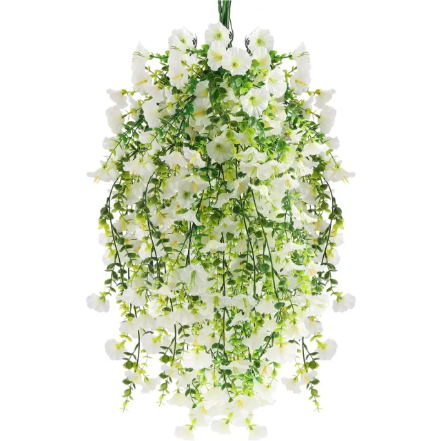Famanu Kunstbloemen petunia, set van 4 stuks, wit, 80 cm, kunstmatige hangplanten voor balkon- en buitendecoratie