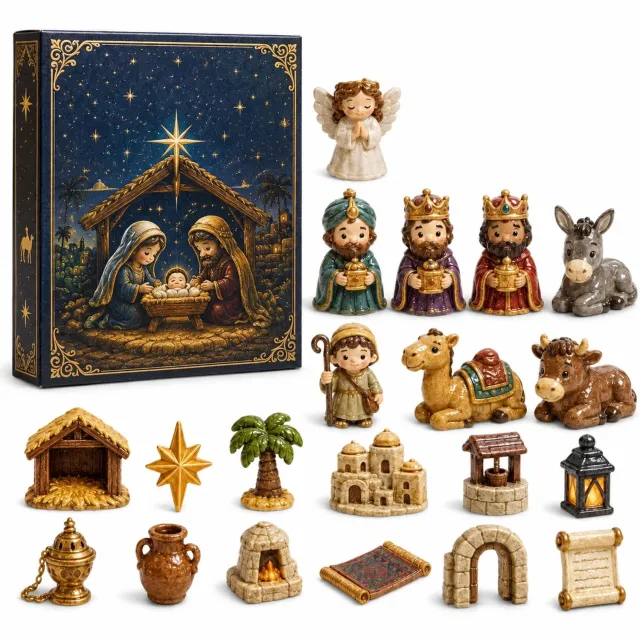 SWGOTA Adventskalender met 24 kerstdecoraties - Kerststalthema met figuren en dieren - In papieren doos Multicolor