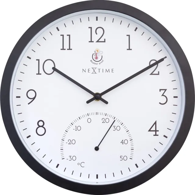NeXtime Marigold – Buitenklok – 30.5 cm – Metaal – Zwart/Wit – Weerbestendig – Met thermometer