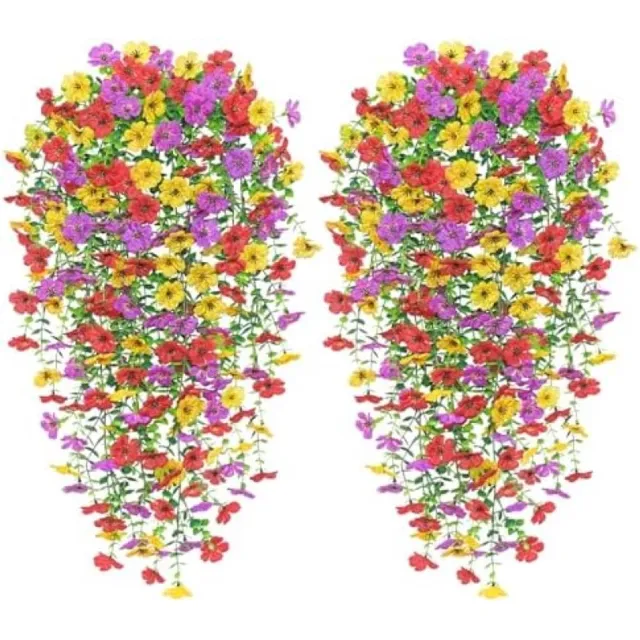 PromoHome Kunstmatige Hangende Bloemen Set van 4 Stuks - UV Bestendige Nephangplanten voor Buiten en Binnen - Paarse, Gele en Rode Kunstbloemen voor Tuin, Terras, Balkon en Bruiloftdecoratie