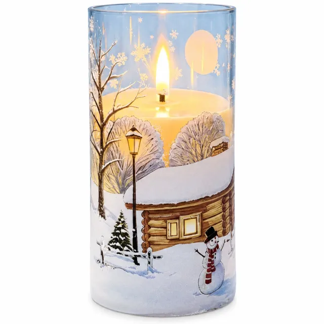 SWGOTA led kaarsen: kerstkaars met sneeuwlandschap, 7,5 x 15 cm, warm licht en vlamvorm, voor binnen, batterijen niet inbegrepen Bruin
