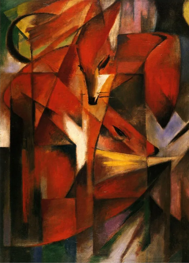 Esque Poster Foxes - Franz Marc - Large 70x50 - Kunst - Kleur - Vos - Dieren - Kubisme rood, zwart