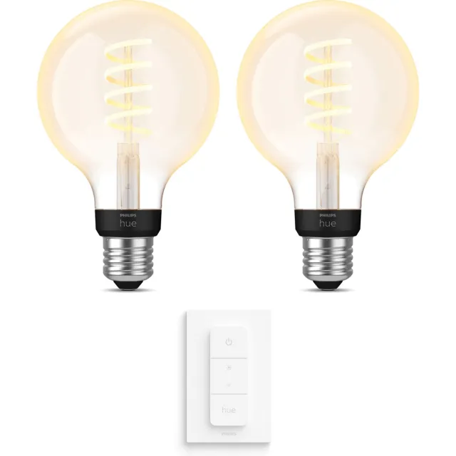 Philips Hue Uitbreidingspakket - E27 - met 2 Filament Globelampen Klein (G93) - Warm tot Koelwit Licht - Incl. 1 Hue Dimmer Switch - Hue White Ambiance Filament