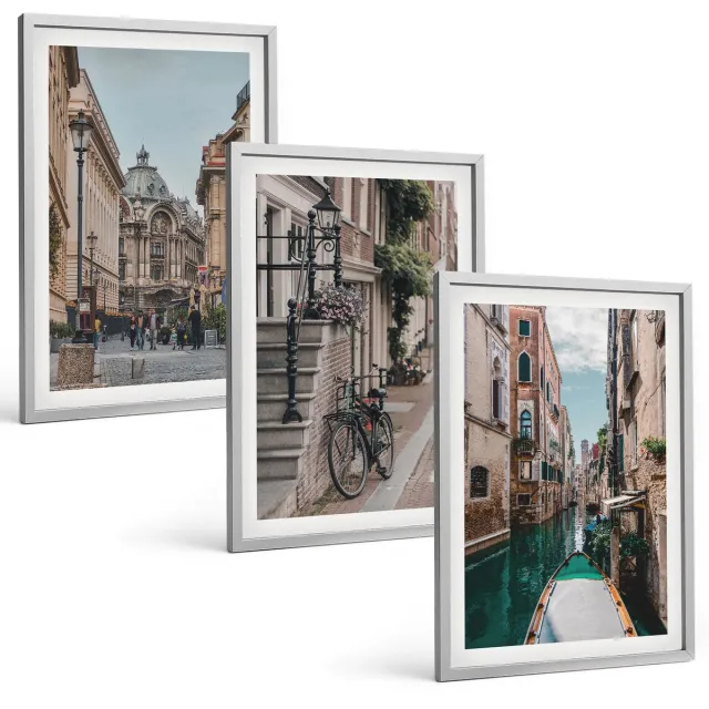 TULUP 4-Delige Schilderij Set - Venetiaanse straten van steden met architectuur en water - 40 x 60 cm - Muurdecoratie - Decoratieve Schilderijen - Wohnzimmer - Woonkamer Decoratie Zilveren lijst