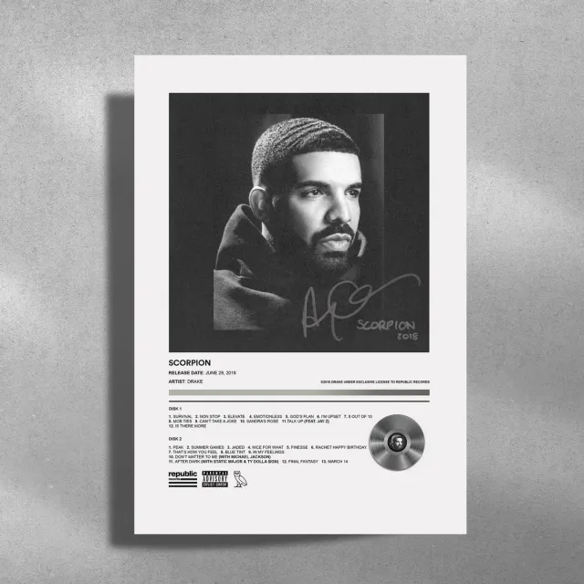 Luxe poster Drake - Metalen Poster 30x40cm - Scorpion - album cover zwart