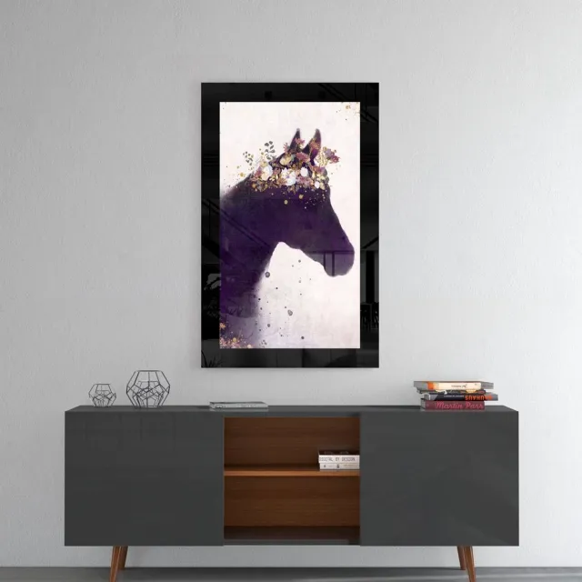 Insigne Art Glasschilderij – Paard met Gouden Bloemenkroon – Decoratieve Kunst aan de Muur Meerkleurig