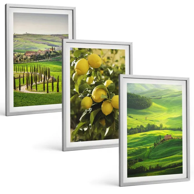 Coloray 3-Delige Schilderij Set - Italiaanse Landschappen Met Citrusbomen En Groene Heuvels - 40 x 60 cm - Stijlvolle Muurdecoratie - Slaapkamer - Woonkamer Decoratie Zilveren lijst