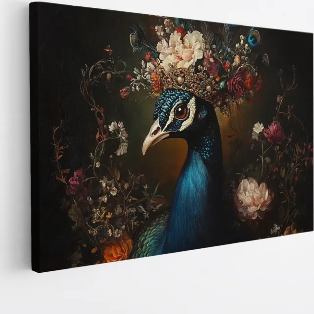 Saammp Canvas Schilderij - Pauw met kroon - Bloemen - Dieren - Natuur - 150x100 - Foto op canvas - Wanddecoratie - muurdecoratie Woonkamer - Slaapkamer decoratie - Canvas Print Multicolor