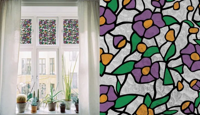 Patifix Raamfolie glas in lood bloemen patroon paars 45x200cm geel