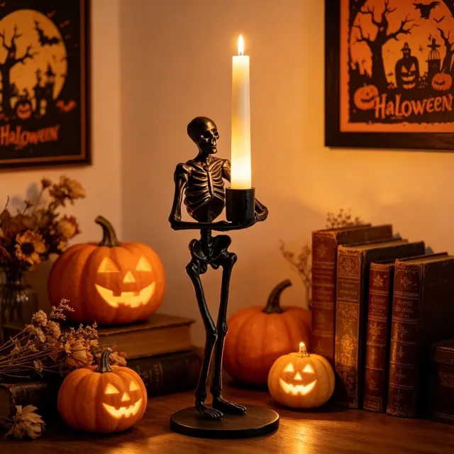 Ulisem Halloween Schedel Kandelaar Hars Skelet Hoofd Kaarsenstandaard - Gothisch Tafel Decor - Voor Diner Tafel - Openhaard Schouw - Bar - Gothisch Huwelijk - Eng Decoratie - Realistisch Design - Stabiele Hars Basis - Voor Taper Kaarsen zwart