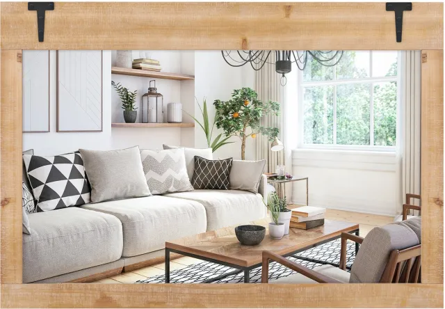 Costway Wandspiegel om op te hangen, 97 x 67 cm grote hangspiegel met houten lijst, decoratieve spiegel met metalen haken, rechthoekige houten spiegel, voor slaapkamer, woonkamer, natuur naturel