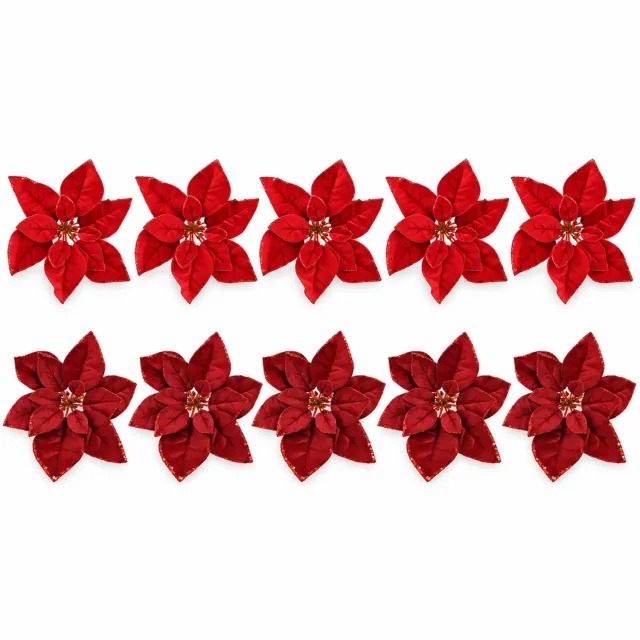 HEM Kerststerren op Clip - Set van 10 - 28 cm - Fluwelen Kerstbloemen met Glitterrand - Rood/Bordeauxrood Assorti