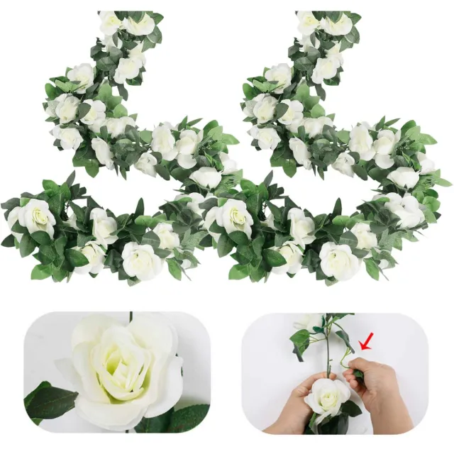 Flintry 4 Stuks Kunstmatige rozenslinger - Slinger van nepzijden bloemen met groene planten - Hangende bloemenslinger voor bruiloften, thuis, kantoor en als decoratie voor een boog, 220 cm Wit